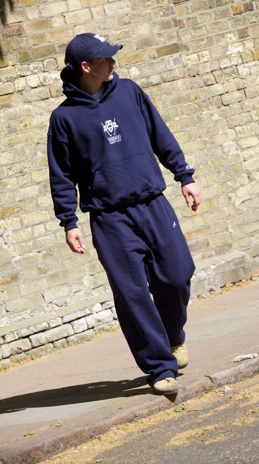 Navy joggers worn outdoors